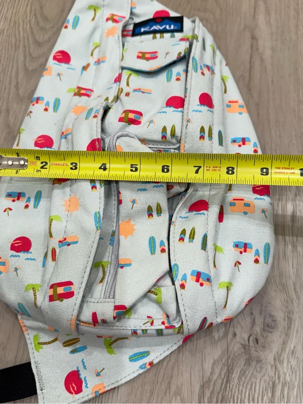 Kavu Sling Bag in Light Gray with Pink and Teal Camper Print